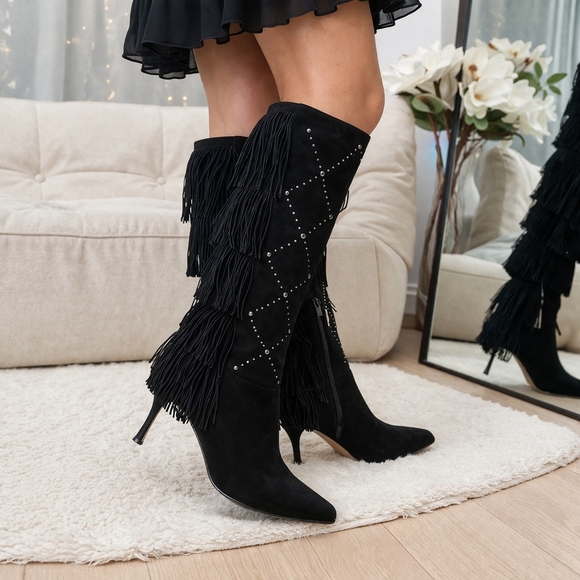 Vince Camuto Shoes - Vince Camuto Black Fringe Studded Over-The-Knee Boots 4" Heels